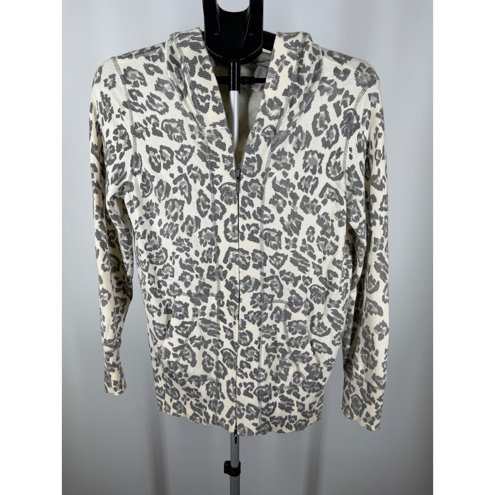 Zenergy by Chicos Womens Grey Leopard Print Cotton Cashmere Zip Up Hoodie Size 0